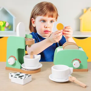 Wooden pretend play kitchen toy coffee maker and toaster set for kids interactive play