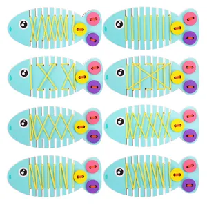 Wooden fish lacing toy for kids, early education fine motor skills threading board game.