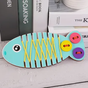 Wooden fish threading board toy designed for toddlers early educational fine motor skills.