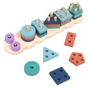 Wooden geometric shape sorting toy, colorful stacking blocks for early child cognitive learning.