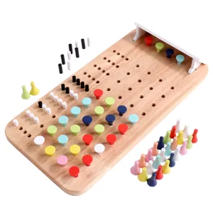 Wooden mastermind code breaker board game for kids, educational desktop puzzle toy with color pegs.