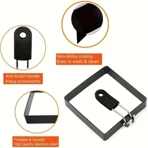 Square egg ring detail view, stainless steel frying mold with anti-scald handle close-up.