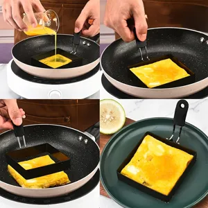 Square egg ring mold detail shot, non-stick frying pan cooking tool for making breakfast.
