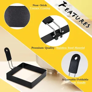 Square egg ring mold with foldable handle and non-stick coating for easy frying and cleaning.