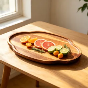 Akazienholz Tablett Detailansicht zeigt naturliche Maserung und glatte Kanten fur Snack.