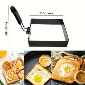 Square egg ring detail view, non-stick frying mold with comfortable handle and breakfast scene.