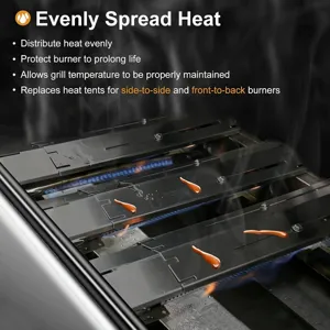 Adjustable stainless steel grill heat tent and burner shield for even heat distribution.