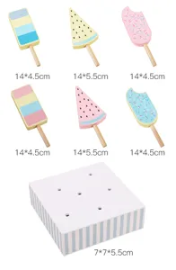 Wooden pretend play ice cream popsicle toy set with various shapes, sizes and a cute display base.
