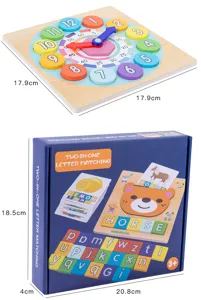 Giocattolo educativo in legno con orologio e gioco di abbinamento lettere per bambini.