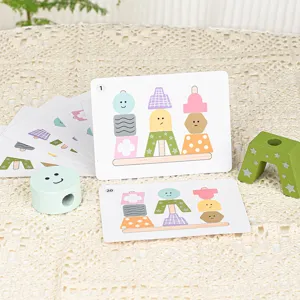 Children wooden logical thinking training toy set with puzzle cards and stacking blocks main view