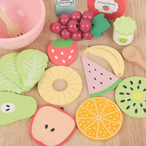 Kids wooden pretend play kitchen food fruit salad toy set for boys and girls, safe and fun.