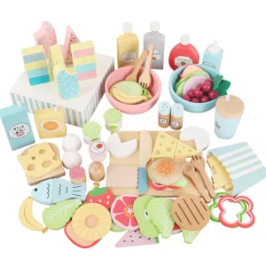 Wooden play food set for kids, pretend kitchen cooking toys with fruits, vegetables, and ice cream.