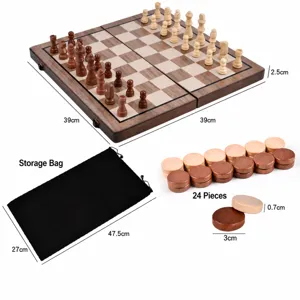 Wooden magnetic 2-in-1 folding chess and checkers set strategy board game toy with storage bag
