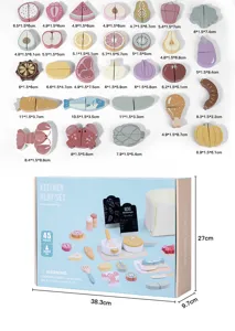 Detailed view of wooden kitchen play set components with size dimensions and nice packaging box.