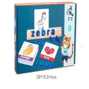 Kids early education wooden letter spelling toy set with cards and colorful box for learning.