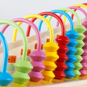 Wooden abacus counting frame for kids, Montessori math educational toy with colorful beads.