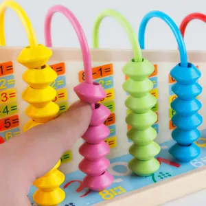 Wooden Montessori bead maze math toy, colorful calculation abacus frame for kids learning.