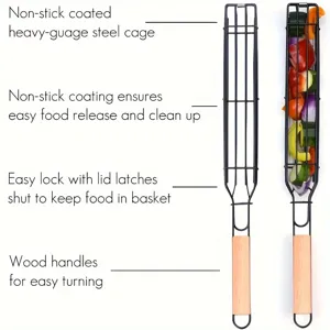 Stainless steel BBQ grilling basket detail with wooden handle and non-stick coating design.