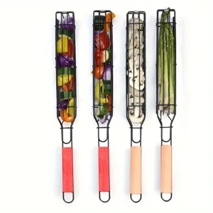 Stainless steel BBQ grill basket with wooden handle for outdoor camping and vegetable roasting.
