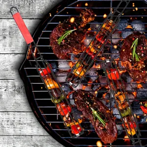 Stainless steel rolling grill basket with wooden handle for outdoor BBQ camping meat and vegetables