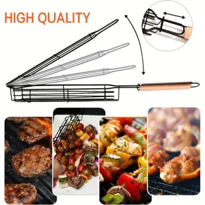 Stainless steel BBQ grill basket with wooden handle, ideal for outdoor camping and picnic use.