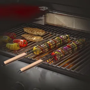 Stainless steel rolling BBQ grill basket with wooden handle for outdoor camping and vegetable meat.