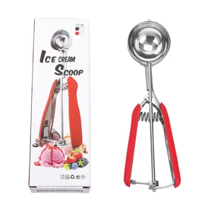 Edelstahl Eisportionierer mit rotem Griff und passender Produktverpackungsbox.
