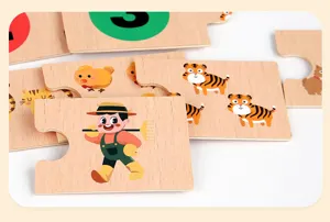 Wooden puzzle toy detail, cute cartoon animals and numbers educational puzzle for kids toddlers.