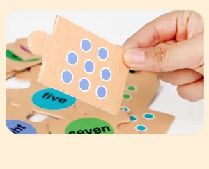 Wooden educational puzzle piece detail showcasing English numbers and cognitive learning design.