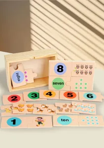 Kids wooden educational number and animal puzzle toy with English cognitive boards.