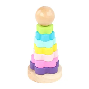 Jouet empilable en bois arc-en-ciel avec anneaux de fleurs pastel pour apprentissage precoce