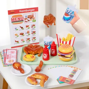 Wooden Pretend Play Kitchen Food Toys Simulation Fast Food Fried Chicken Burger Set Educational Interactive Toy