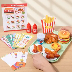 Wooden pretend play fast food kitchen toy set with hamburger, fries, chicken and tray.