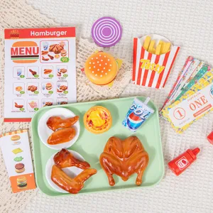 Wooden fast food play set with burger, fries, chicken and menu for kids cooking pretend toys