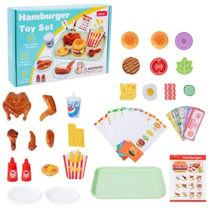 Wooden kids pretend play fast food kitchen toy set hamburger french fries chicken cooking toys