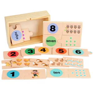 Kids wooden educational digital animal puzzle toy with English cognitive matching blocks