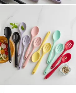 Multicolor silicone slotted soup spoon cooking kitchen utensils detail display closeup
