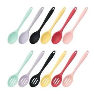 Multi-color silicone kitchen cooking spoons and slotted spoons set for home cooking.