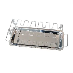 Stainless steel folding chicken grill rack with drip tray, portable BBQ tool for kitchen.