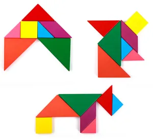 Close-up details of colorful wooden tangram puzzle pieces assembled into various geometric shapes.