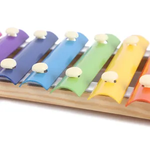 Children wooden 8-tone xylophone detail shot, colorful percussion toy for early education.