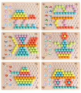 Vista detallada del juego de cuentas de madera con perlas coloridas y tarjetas infantiles.