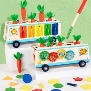 Wooden Multifunctional Educational Toy Car Shape Color Sorting Carrot Pulling Smart Intelligence Truck For Kids