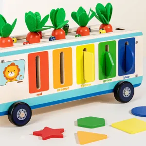 Wooden carrot harvest shape sorting bus toy for toddlers color recognition learning