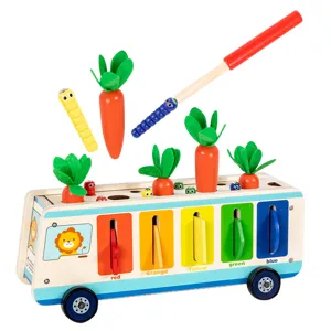 Wooden multi-functional carrot pulling toy shape color sorting bus for kids early learning