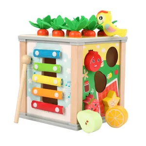 Wooden multi-function activity cube toy for toddlers, early educational shape sorter xylophone.