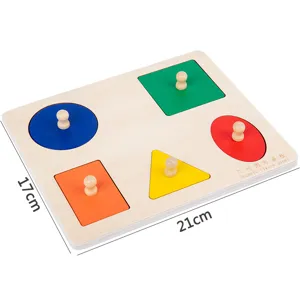Wooden geometric shape sorting puzzle board detail showing colorful pieces with knobs and size.