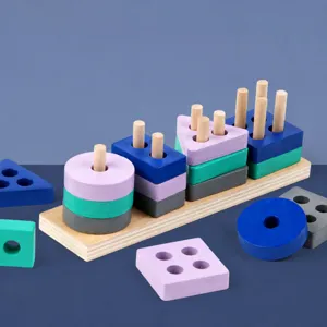 Kids Wooden Educational Shape Matching Building Blocks Geometric Four-Column Puzzle Toy Early Learning