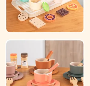 Wooden afternoon tea toy detail shot showcasing cups, saucers, and cute pretend play food.