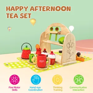Set di giocattoli per tè pomeridiano in legno per bambini, cucina finta dessert con tappetino.